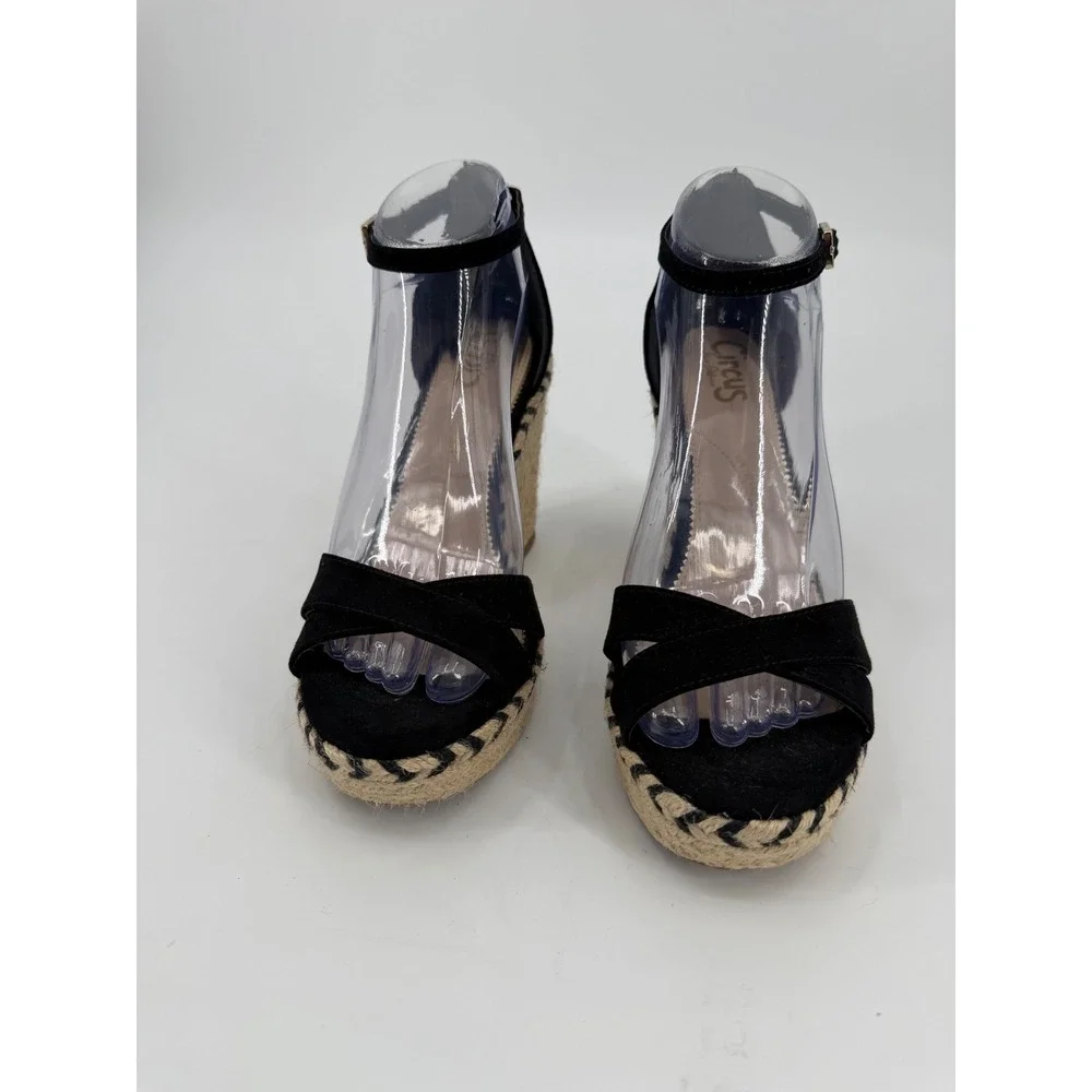 Circus by Sam Edelman Black Espadrille Wedge Sandals Ankle Strap Platform 7.5